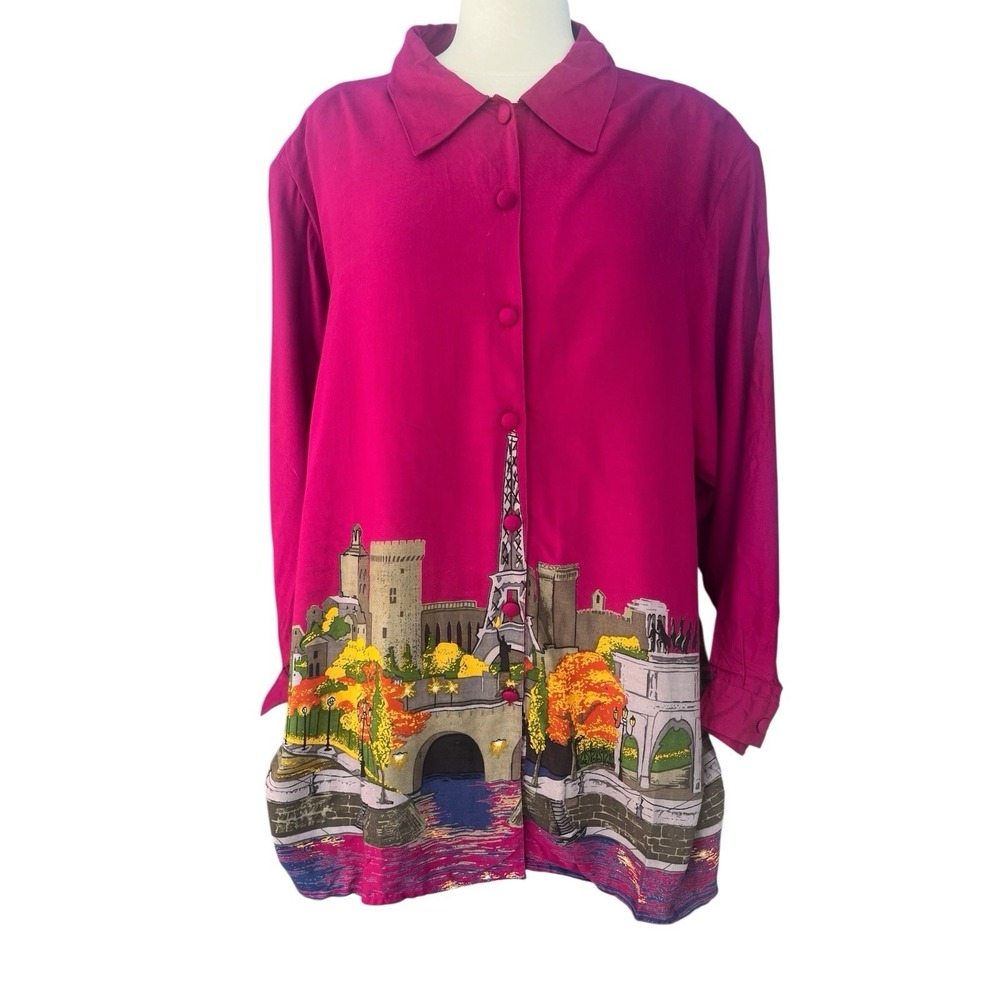 Anthony Hankins Paris Effiel Tower Button Up Pink Shirt 2X Dopamine Maximalist